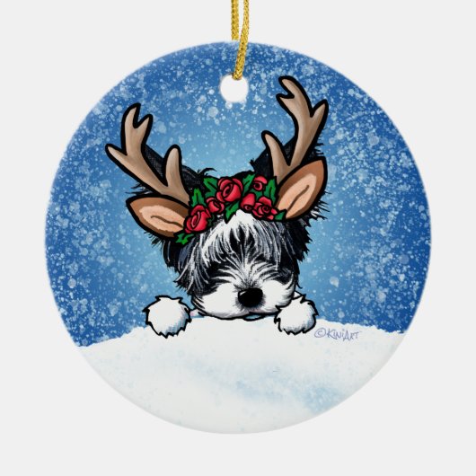 Biewer Yorkie Reindeer Kerstkeramisch Ornament (Voorkant)