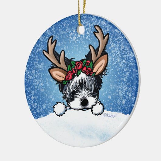 Biewer Yorkie Reindeer Kerstkeramisch Ornament (Links)