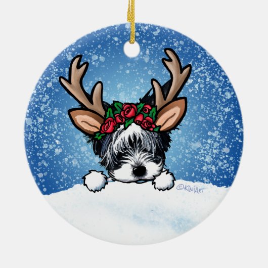 Biewer Yorkie Reindeer Kerstkeramisch Ornament (Achterkant)