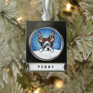 Biewer Yorkie Reindeer Kerstversier Verzilverd Banner Ornament