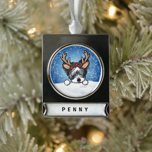 Biewer Yorkie Reindeer Kerstversier Verzilverd Banner Ornament (Boom)