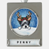 Biewer Yorkie Reindeer Kerstversier Verzilverd Banner Ornament (Voorkant)