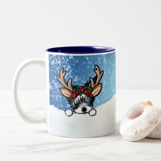 Biewer Yorkie Reindeer Mok voor tweetangs kerstmis (Met donut)