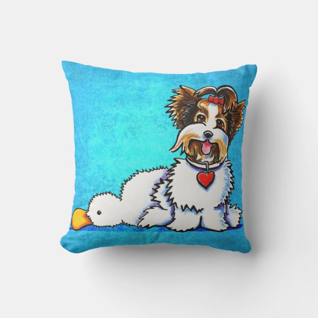 Biewer Yorkie Wanna Play Blue Buitenkussen (Voorkant)
