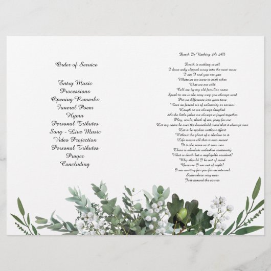BiFold Green Foliage Leaves Funeral Program Flyer (Achterkant)