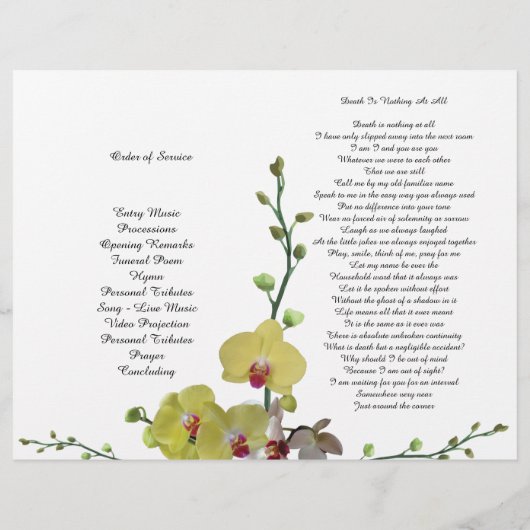 BiFold Yellow Orchids Funeral Program Flyer (Achterkant)