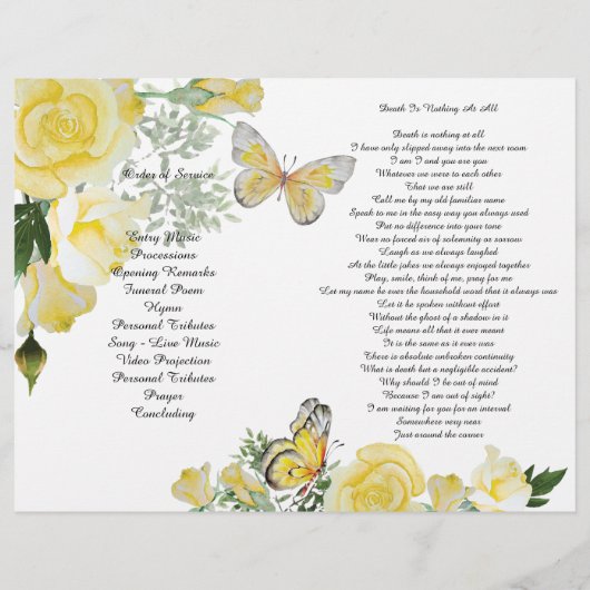 BiFold Yellow Roses Butterfly Funeral Programme Flyer (Achterkant)