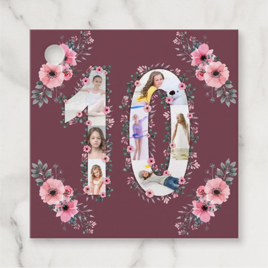 Big 10th Birthday Girl Foto Collage Pink Flower Bedankjes Labels (Voorkant)