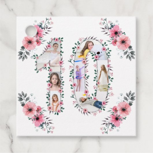 Big 10th Birthday Girl Foto Collage Pink Flower Bedankjes Labels (Voorkant)