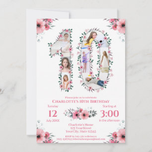 Big 10th Birthday Girl Foto Collage Pink Flower Kaart