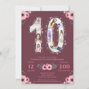Big 10th Birthday Girl Foto Collage Pink Flower Kaart