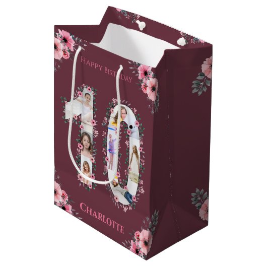 Big 10th Birthday Girl Foto Collage Pink Flower Medium Cadeauzakje (Voorkant Gekanteld)