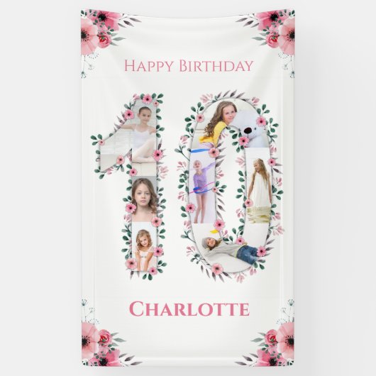 Big 10th Birthday Girl Foto Collage Pink Flower Spandoek (Verticaal)