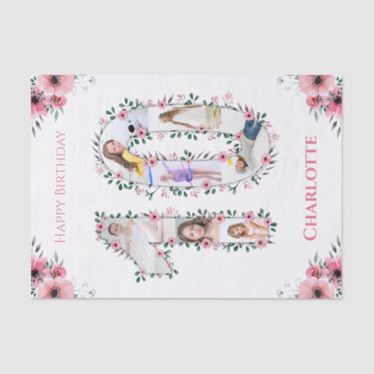 Big 10th Birthday Girl Foto Collage Pink Flower Tissuepapier (Voorkant)