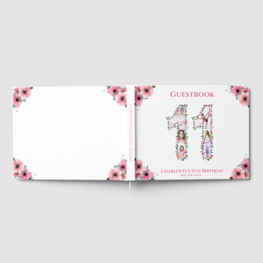 Big 11th Birthday Foto Collage Bloemenmeisje White Gastenboek (Volledig)