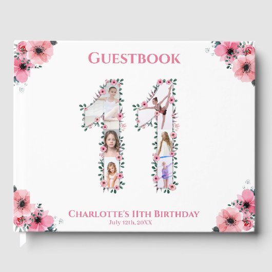 Big 11th Birthday Foto Collage Bloemenmeisje White Gastenboek (Voorkant)