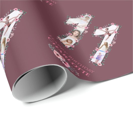 Big 11th Birthday Girl Foto Collage Pink Flower Cadeaupapier (Rol Hoek)