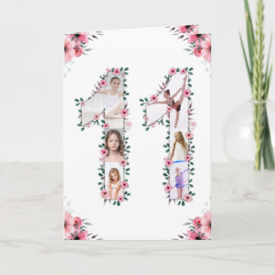 Big 11th Birthday Girl Foto Collage Pink Flower Kaart