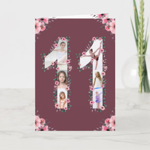 Big 11th Birthday Girl Foto Collage Pink Flower Kaart