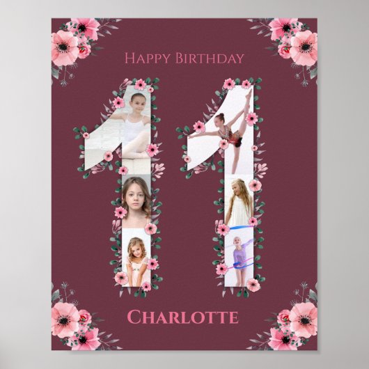 Big 11th Birthday Girl Foto Collage Pink Flower Poster (Voorkant)