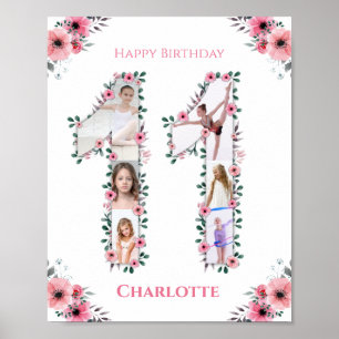 Big 11th Birthday Girl Foto Collage Pink Flower Poster