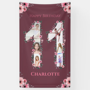 Big 11th Birthday Girl Foto Collage Pink Flower Spandoek