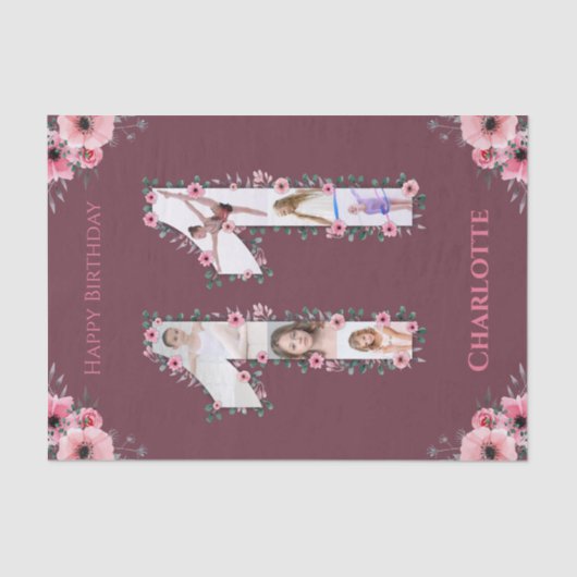 Big 11th Birthday Girl Foto Collage Pink Flower Tissuepapier (Voorkant)