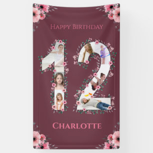 Big 12th Birthday Foto Collage Pink Bloemenmeisje Spandoek