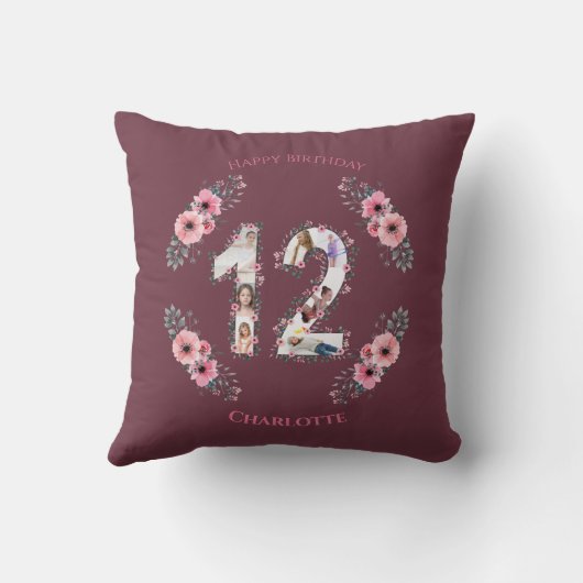 Big 12th Birthday Girl Pink Flower Photo Collage Kussen (Achterkant)
