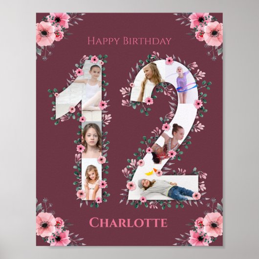 Big 12th Birthday Pink Bloemenmeisje Foto Collage Poster (Voorkant)