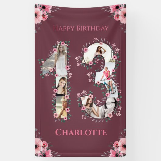 Big 13th Birthday Foto Collage Pink Bloemenmeisje Spandoek (Verticaal)