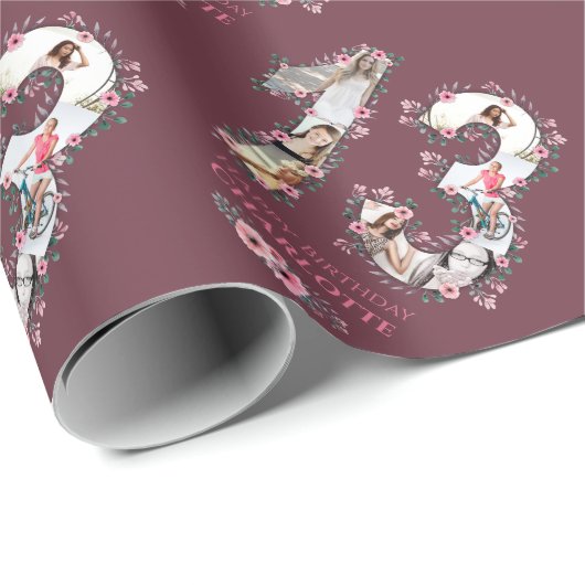 Big 13th Birthday Photo Girl Collage Pink Flower Cadeaupapier (Rol Hoek)