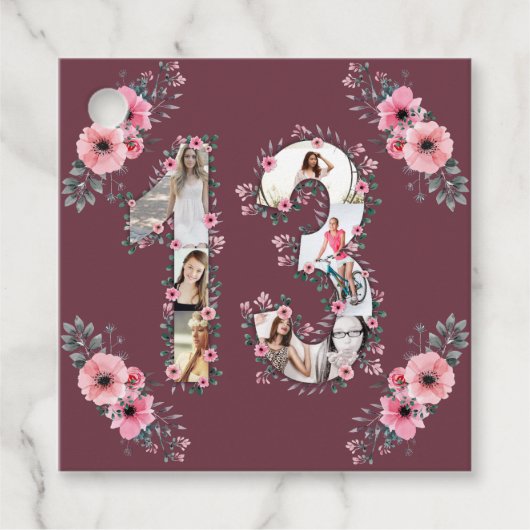 Big 13th Girl Birthday Foto Collage Pink Flower Bedankjes Labels (Voorkant)