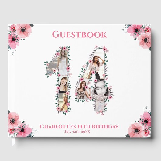 Big 14th Birthday Foto Collage Bloemenmeisje White Gastenboek (Voorkant)