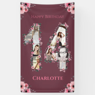 Big 14th Birthday Foto Collage Pink Bloemenmeisje Spandoek