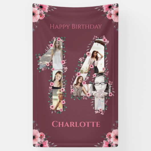 Big 14th Birthday Foto Collage Pink Bloemenmeisje Spandoek (Verticaal)
