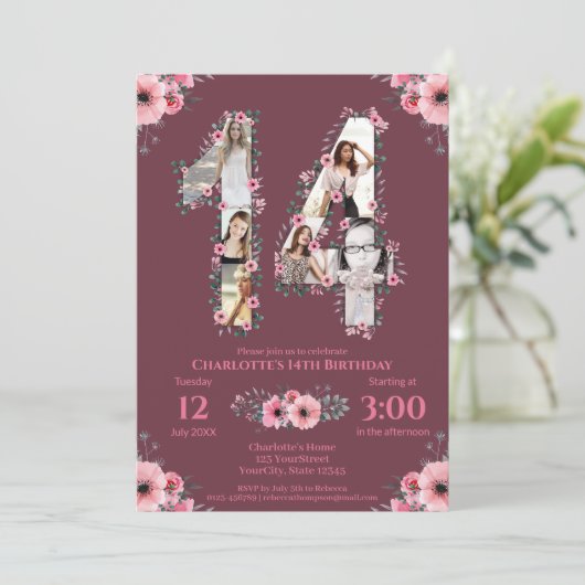 Big 14th Birthday Girl Foto Collage Pink Flower Kaart (Staand voorkant)
