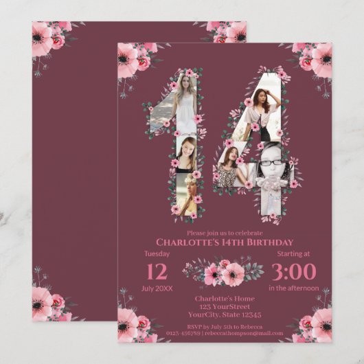 Big 14th Birthday Girl Foto Collage Pink Flower Kaart (Voorkant / Achterkant)