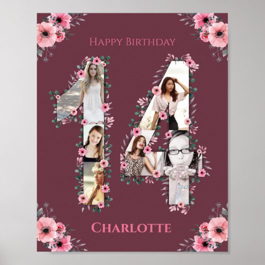 Big 14th Birthday Pink Bloemenmeisje Foto Collage Poster (Voorkant)