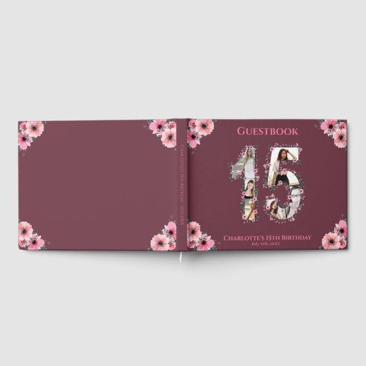 Big 15th Birthday Foto Collage Bloemenmeisje Pink Gastenboek (Volledig)