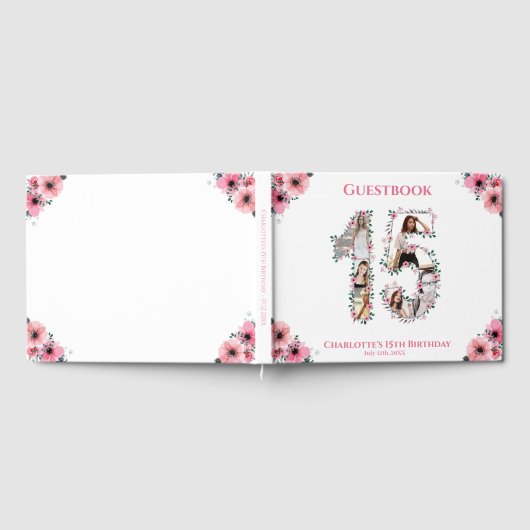 Big 15th Birthday Foto Collage Bloemenmeisje White Gastenboek (Volledig)