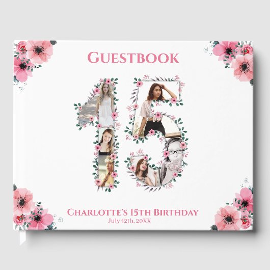 Big 15th Birthday Foto Collage Bloemenmeisje White Gastenboek (Voorkant)