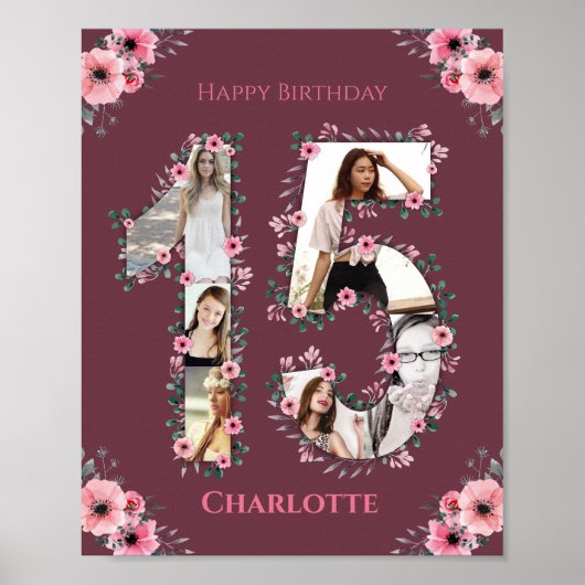 Big 15th Birthday Pink Bloemenmeisje Foto Collage Poster (Voorkant)