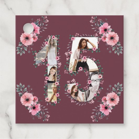 Big 15th Girl Birthday Foto Collage Pink Flower Bedankjes Labels (Voorkant)