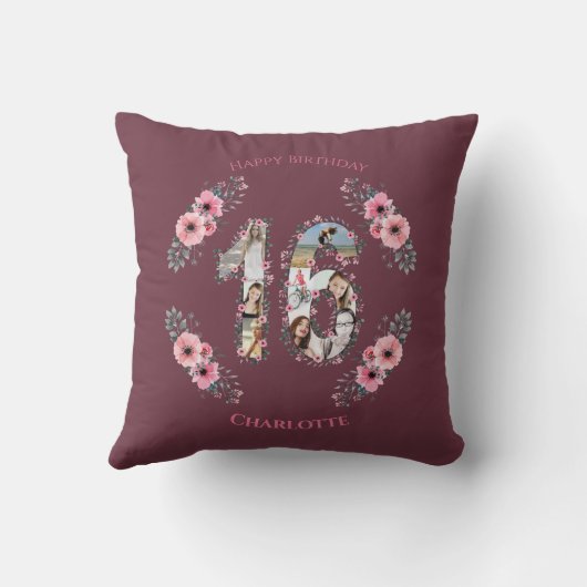 Big 16th Birthday Girl Pink Flower Photo Collage Kussen (Achterkant)
