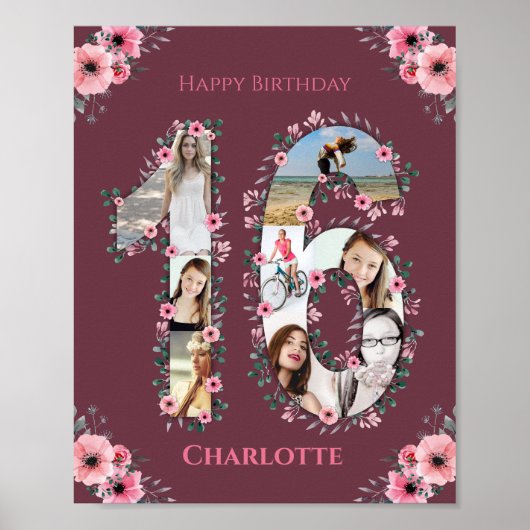 Big 16th Birthday Pink Bloemenmeisje Foto Collage Poster (Voorkant)