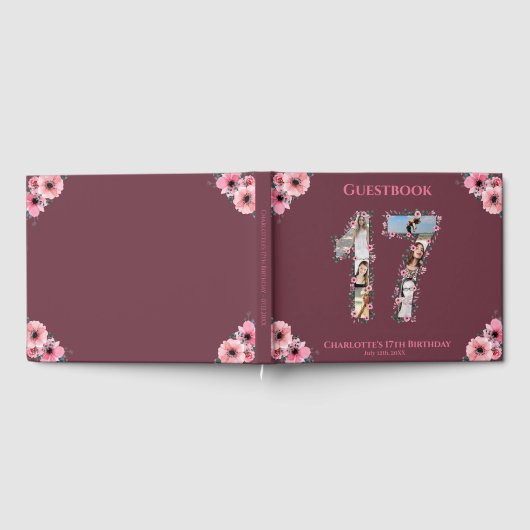 Big 17th Birthday Foto Collage Bloemenmeisje Pink Gastenboek (Volledig)