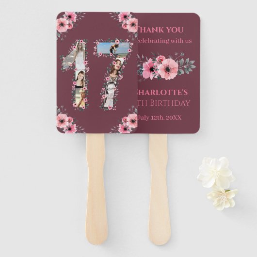 Big 17th Birthday Foto Collage Pink Girl Flower Handwaaier (Voorkant en achterkant)