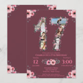 Big 17th Birthday Girl Foto Collage Pink Flower Kaart (Voorkant / Achterkant)