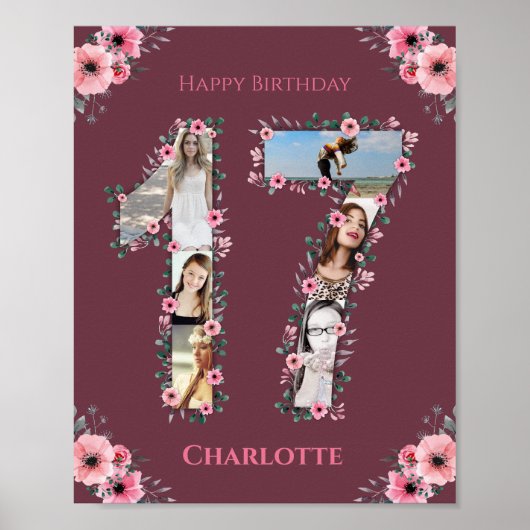 Big 17th Birthday Pink Bloemenmeisje Foto Collage Poster (Voorkant)